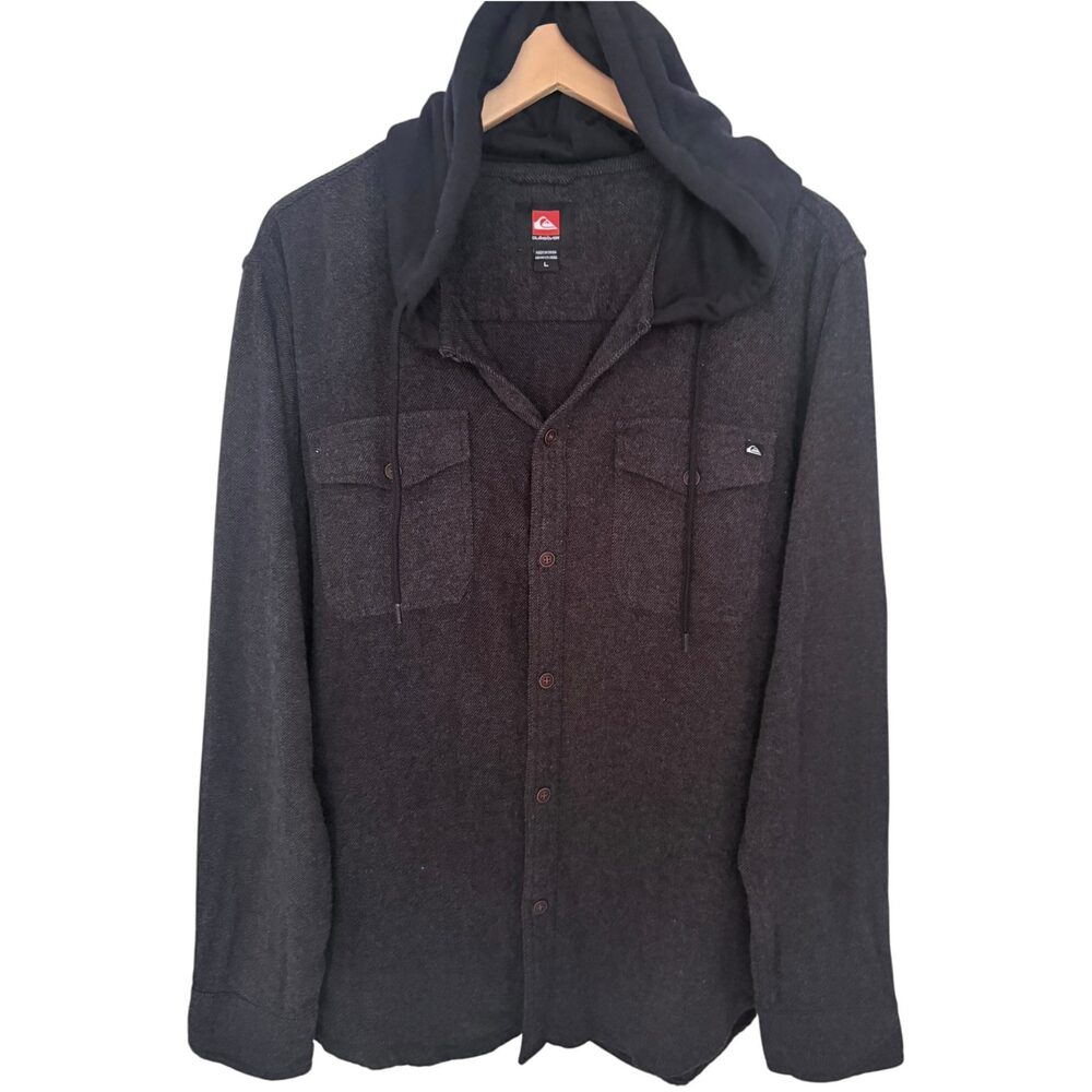 Quiksilver Dark Gray Attached Hood Hooded Plaid Button-Up Collared Men's Large